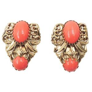 Vintage 1950s Napier Goldtone Cabochon Faux-Coral Clip Earrings